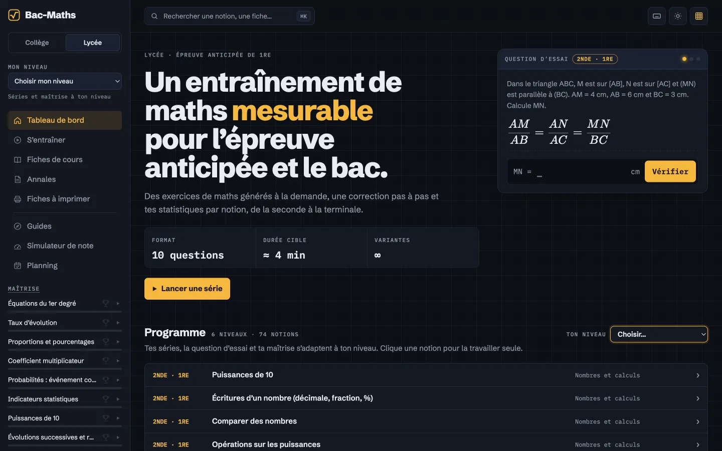 Page d'accueil de bac-maths.fr : une question d'essai et le programme du lycée