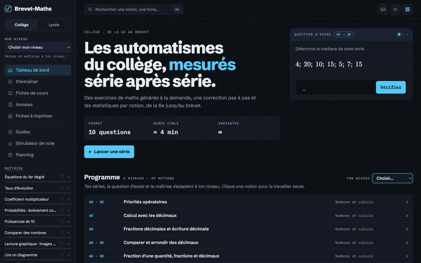 Page d'accueil de brevet-maths.fr : une question d'essai et le programme du collège